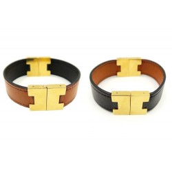 BRACELET HERMES REVERSIBLE EN CUIR NOIR MARRON ATTRIBUTS METAL DORE BOITE JEWEL