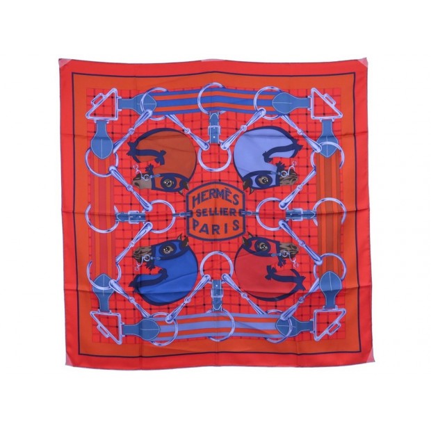 FOULARD HERMES SELLIER HENRI D ORIGNY CARRE EN SOIE ROUGE & BLEU SILK SCARF 350€