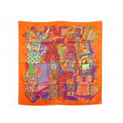 NEUF FOULARD HERMES VOYAGE EN ETOFFES 100% SOIE ORANGE 