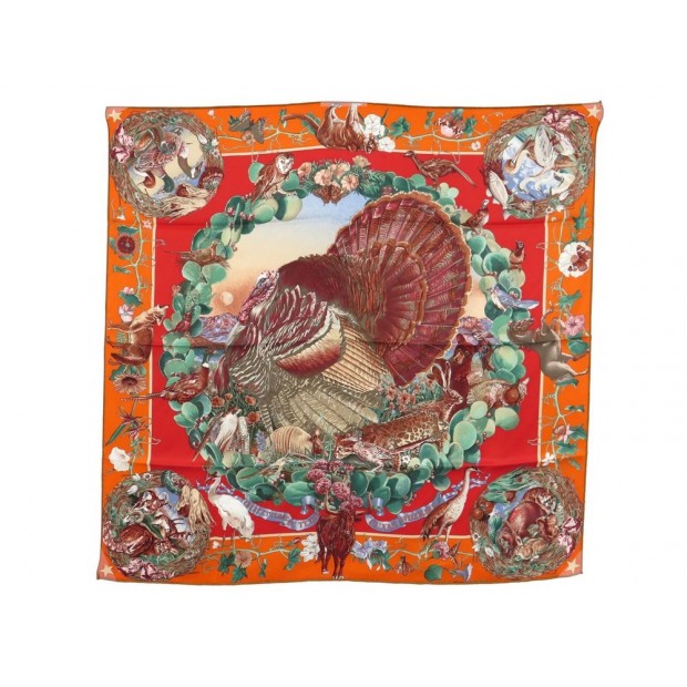 FOULARD HERMES FAUNE ET FLORE DU TEXAS OLIVER CARRE 70 CM SOIE ORANGE SCARF 265€