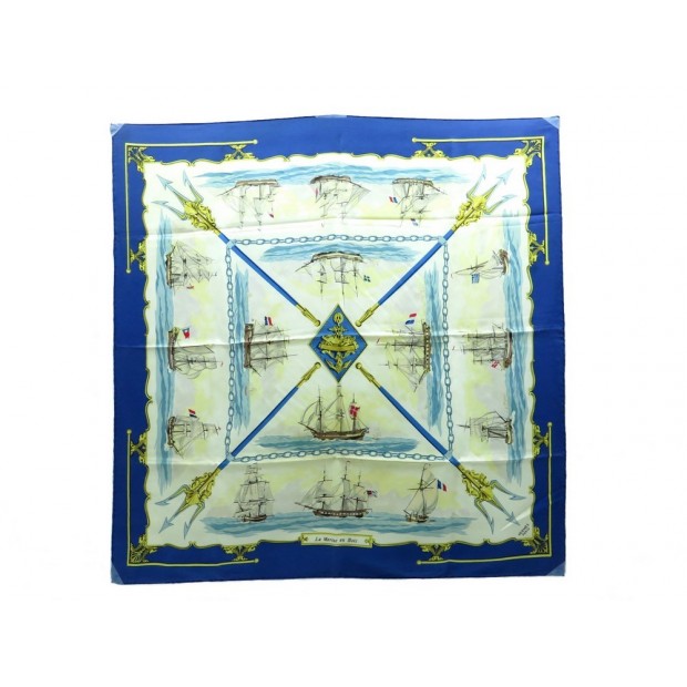 VINTAGE FOULARD HERMES LA MARINE EN BOIS HUGO GRYGKAR CARRE SOIE SILK SCARF 350