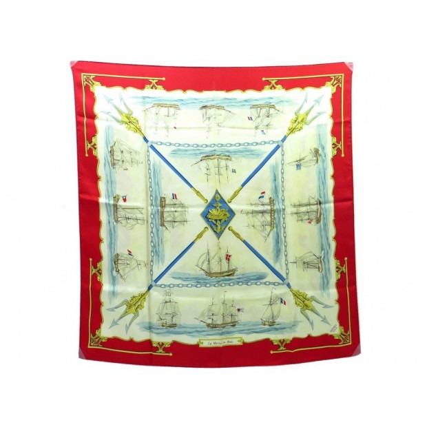 VINTAGE FOULARD HERMES LA MARINE EN BOIS HUGO GRYGKAR CARRE SOIE SILK SCARF 350