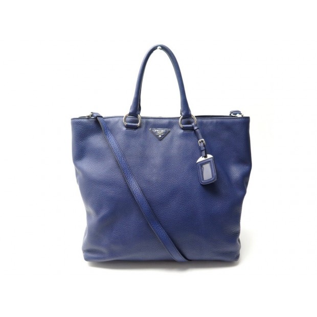 SAC A MAIN PRADA CABAS SHOPPING LARGE BANDOULIERE CUIR GRAINE BLEU HANDBAG 2600€