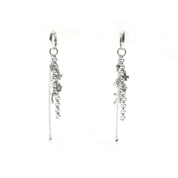 BOUCLES D'OREILLES PENDANTES BRELOQUES DIAMANTS & OR BLANC 18K 8GR GOLD EARRINGS