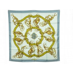 NEUF VINTAGE FOULARD HERMES MOTIFS MORS & BLASONS CARRE SOIE BLEU SCARF 350€