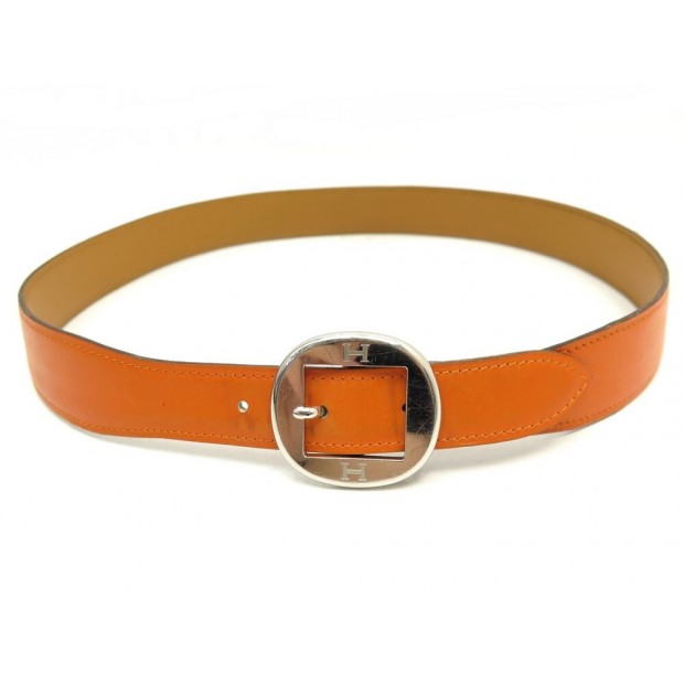 CEINTURE HERMES BOUCLE RONDE GRAVEE H T82 EN CUIR ORANGE LEATHER BELT 580€