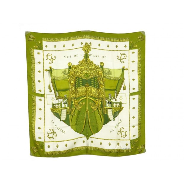 VINTAGE FOULARD HERMES VUE DU CARROSSE GRYGKAR CARRE EN SOIE VERT SCARF 350€