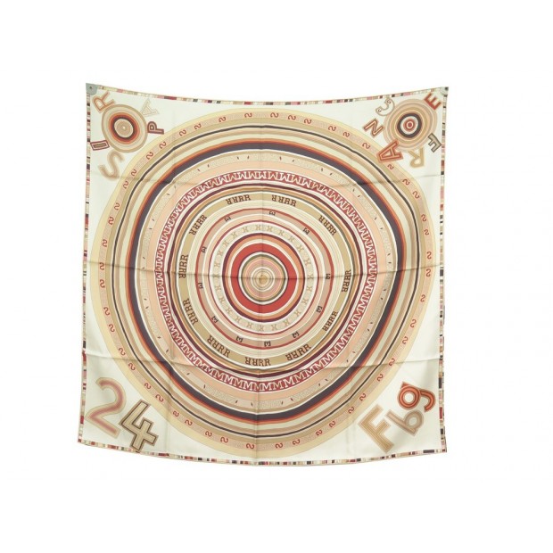 NEUF FOULARD HERMES LA CIBLE 24 FBG PARIS CARRE 90 EN SOIE BEIGE SILK SCARF 410€