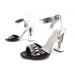 CHAUSSURES MIU MIU 39 SANDALES A TALONS EN CUIR ARGENTE ET STRASS SHOES 450€