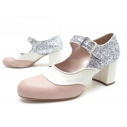 CHAUSSURES MIU MIU 39 ESCARPINS CUIR BICOLORE ROSE BLANC PAILLETTES SHOES 550€