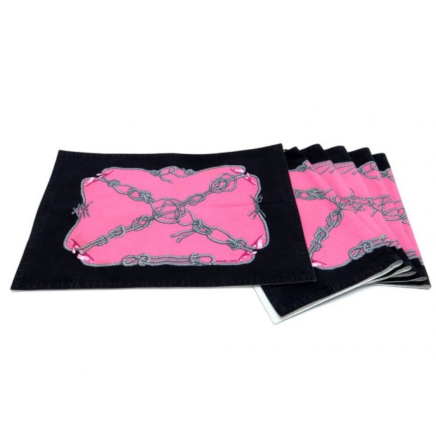 LOT DE 6 SETS DE TABLE HERMES NOEUDS MARIN EN COTON NOIR & ROSE NODE PLACEMATS