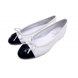 NEUF CHAUSSURES BALLERINES CHANEL CUIR VERNIS BLANC ET NOIR 37 + BOITE 