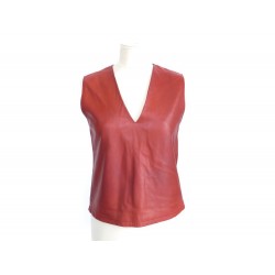 HAUT SANS MANCHE HERMES 34 XS HAUT EN CUIR ROUGE BRIQUE RED LEATHER TOP 2800€