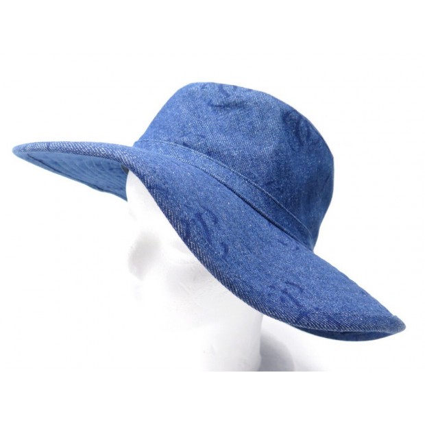 NEUF CHAPEAU CHANEL T 58 IMPRIME LOGO CC COTON DENIM WIDE BRIMMED HAT NEW 940€