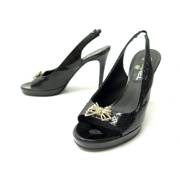 CHAUSSURES CHANEL ESCARPINS NOEUDS G26717 38.5 EN CUIR VERNIS NOIR SHOES 990€