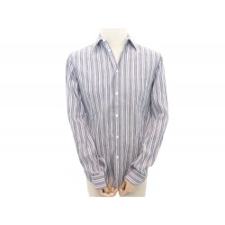 CHEMISE HERMES 39 M 15.5 LIN COTON RAYURES BLEU BOUTON CLOU DE SELLE SHIRT 380€