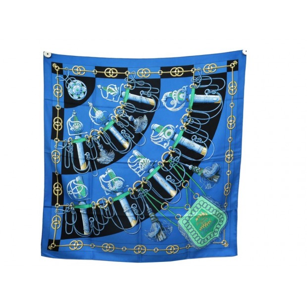 FOULARD HERMES CLIQUETIS ABADIE CARRE 90 EN SOIE BLEU + BOITE SILK SCARF 410€