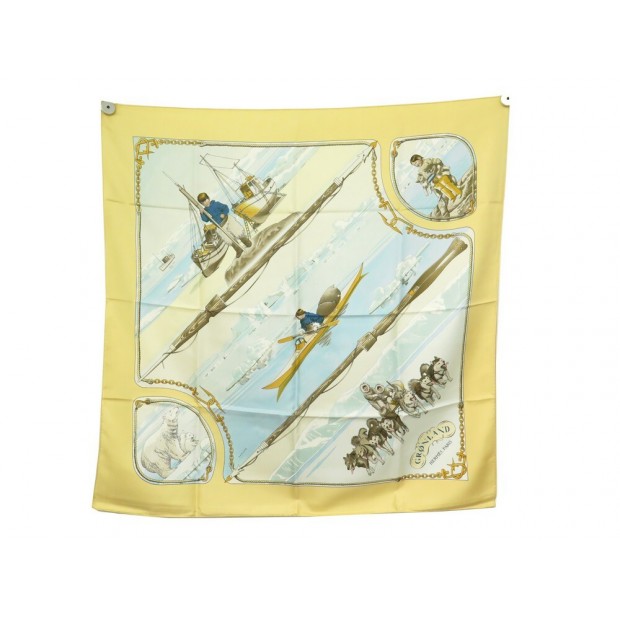 FOULARD HERMES GRONLAND LEDOUX CARRE 90 EN SOIE JAUNE + BOITE SILK SCARF 410€