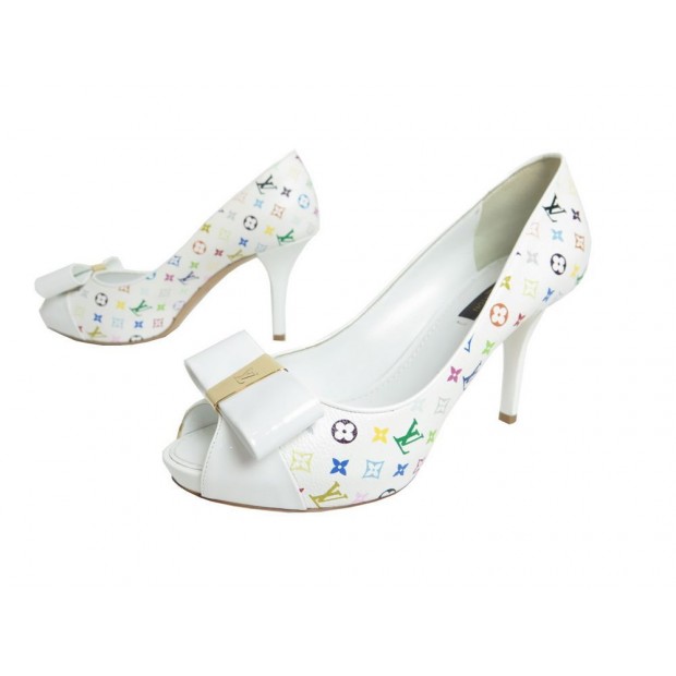 NEUF CHAUSSURES LOUIS VUITTON SHIRLEY OPEN 36 ESCARPINS TOILE BLANC SHOES 580€