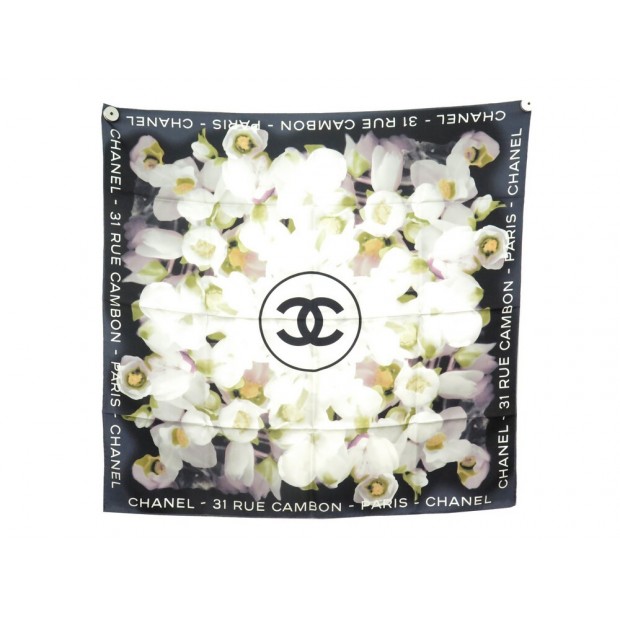 FOULARD CHANEL CAMELIAS FLEURS CARRE 90 EN SOIE NOIR FLOWERS SILK SCARF 450€