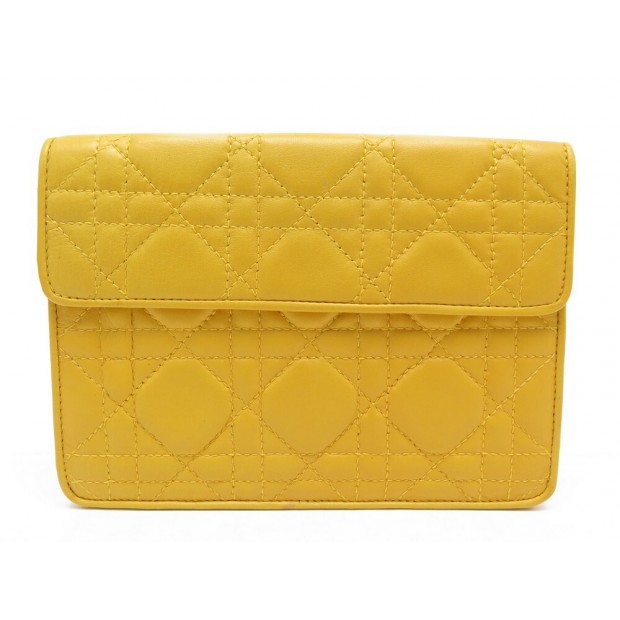 NEUF SAC A MAIN CHRISTIAN DIOR POCHETTE LADY EN CUIR CANNAGE JAUNE NEW POUCH BAG