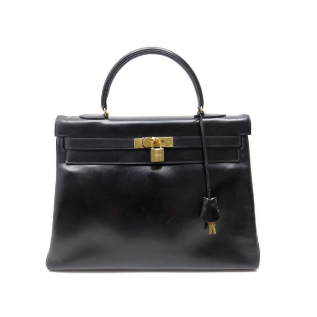  VINTAGE SAC A MAIN HERMES KELLY 35 CM CUIR BOX NOIR 