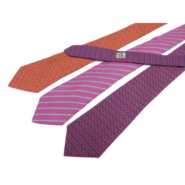 LOT DE 3 CRAVATES HERMES 7044 TA 7200 UA 7090 OA SOIE ROUGE MORD BELT TIE 495€