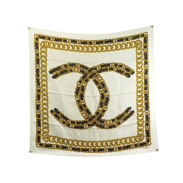 foulard chanel logo cc en soie ecrue chaine et cuir