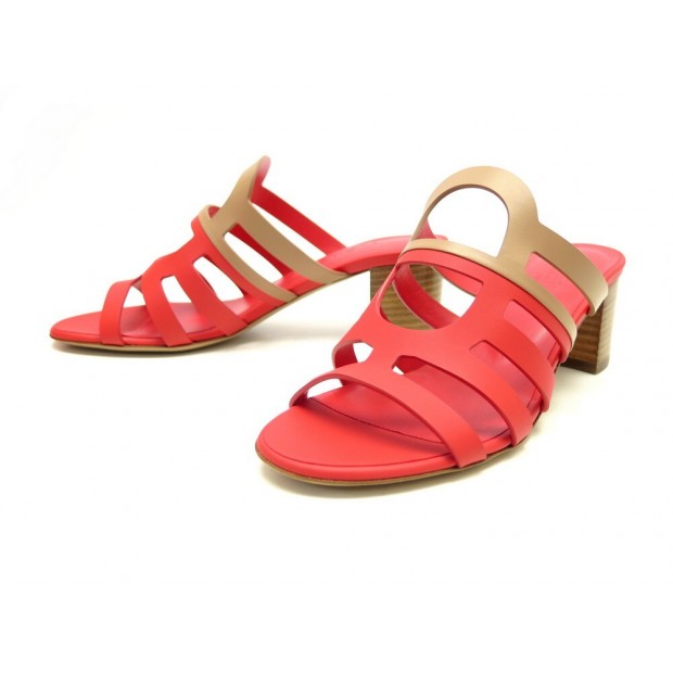 NEUF CHAUSSURES HERMES CELENA H211210Z 37 SANDALES A TALONS EN CUIR FUSHIA 610€