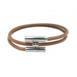 NEUF BRACELET HERMES TOURNIS DOUBLE TOURBILLON CUIR MARRON & H EN ACIER PALLADIE