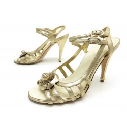 CHAUSSURES CHANEL CAMELIA 40 SANDALES A TALONS EN CUIR DORE GOLD SHOES 890€