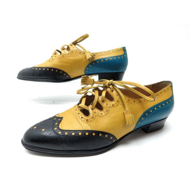 CHAUSSURES HERMES 35.5 RICHELIEU EN CUIR TRICOLORE JAUNE BLEU NOIR SHOES 800€