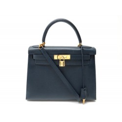 SAC A MAIN HERMES KELLY 28 CM CUIR GRAINE RIGIDE BLEU 