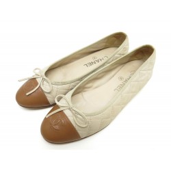 CHAUSSURES CHANEL G26250 37 BALLERINES TOILE BEIGE & CUIR BALLET FLAT SHOES 560€