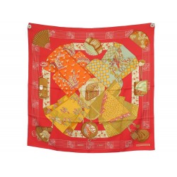 FOULARD HERMES KIMONOS ET INROS CARRE 90 FAIVRE EN SOIE ROUGE SILK SCARF 460€