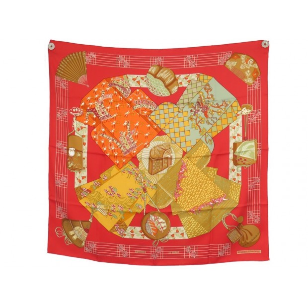 FOULARD HERMES KIMONOS ET INROS CARRE 90 FAIVRE EN SOIE ROUGE SILK SCARF 460€