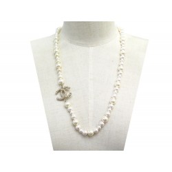 NEUF COLLIER CHANEL LOGO CC & PERLES SAUTOIR 70 CM EN METAL DORE NECKLACE 1290€