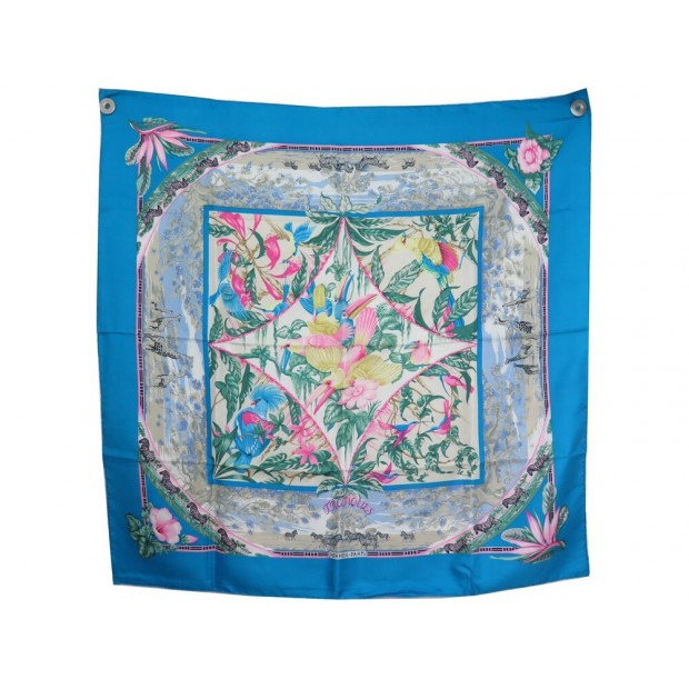 FOULARD HERMES TROPIQUES LAURENCE BOURTHOUMIEUX CARRE 90 SOIE BLEU SCARF 460€