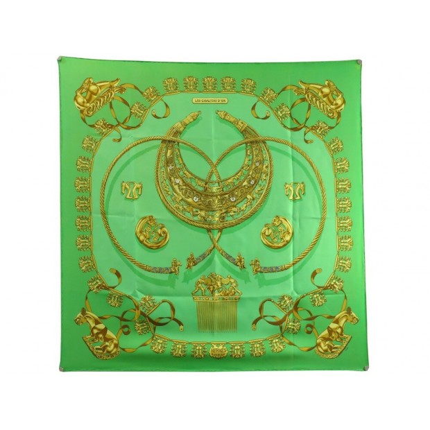 FOULARD HERMES LES CAVALIERS D'OR RYBALTCHENKO CARRE 90 EN SOIE VERTE SCARF 460€