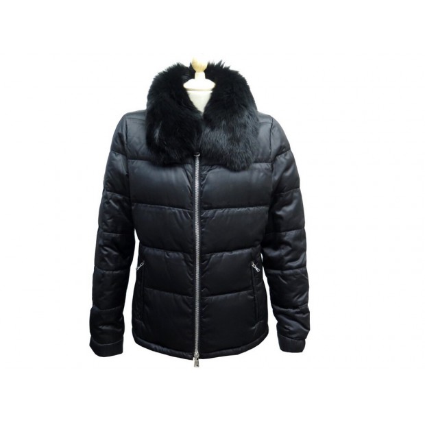 BLOUSON PRADA DOUDOUNE 28A061 44 IT 40 FR M NOIR COL FOURRURE RENARD COAT 2300€