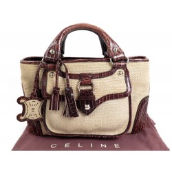 SAC A MAIN CELINE BOOGIE 32 CM TOILE CUIR MARRON FACON CROCO HANDBAG PURSE 1150