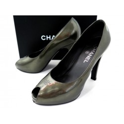 CHAUSSURES CHANEL ESCARPINS 38.5 CUIR VERNI VERT ARGENTÉ COURT SHOES 600