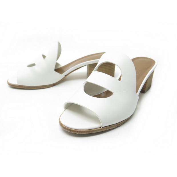 CHAUSSURES HERMES MONA CHAINE D'ANCRE 36.5 SANDALES TALONS CUIR BLANC SHOES 715€