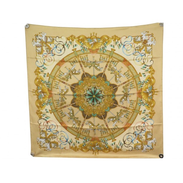 NEUF FOULARD HERMES LUNAPARK JOACHIM METZ CARRE 90 CM SOIE JAUNE SILK SCARF 460€