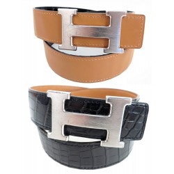 CEINTURE HERMES H REVERSIBLE T 65 EN CUIR CROCODILE NOIR ET MARRON BELT 2795