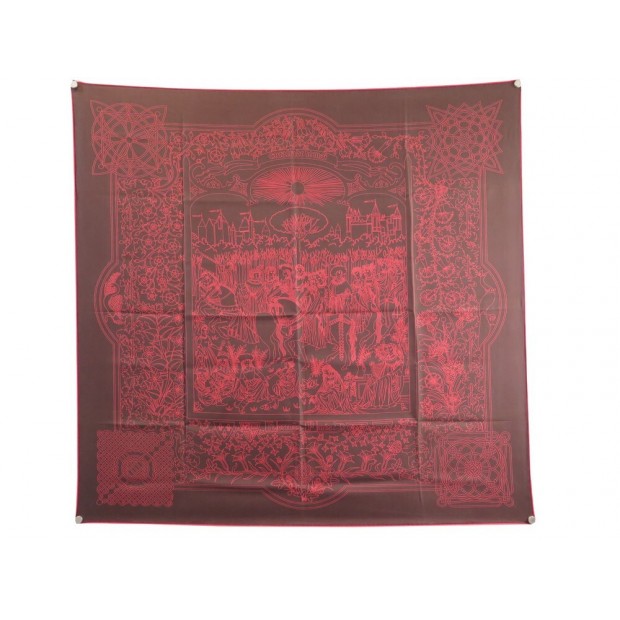 NEUF FOULARD HERMES CAVALCADE DE MAI CARRE 90 CM EN SOIE ROUGE NEW SCARF 460€