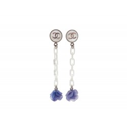 NEUF BOUCLES D'OREILLES CHANEL LOGO CC PENDANTES CAMELIA VIOLET EARRINGS 420€