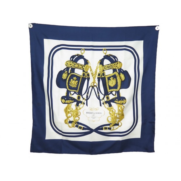 FOULARD HERMES BRIDES DE GALA GRYGKAR CARRE 90 EN SOIE BLEU BLUE SILK SCARF 460€