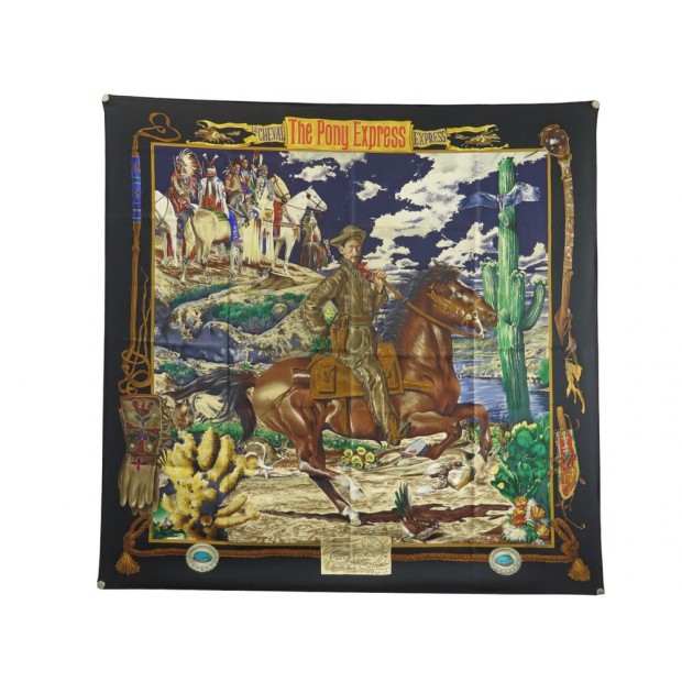 NEUF FOULARD HERMES THE PONY EXPRESS KERMIT OLIVER EN SOIE NOIRE SILK SCARF 460€