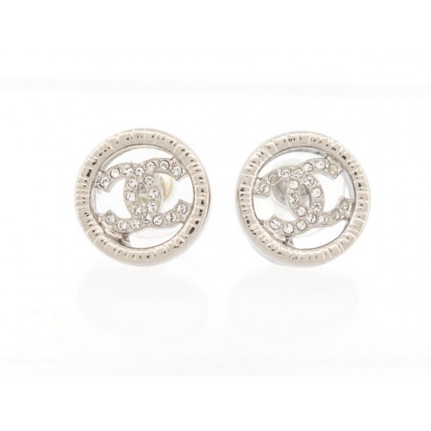 NEUF BOUCLES D'OREILLES CHANEL LOGO CC STRASS EN METAL ARGENTE EARRINGS NEW